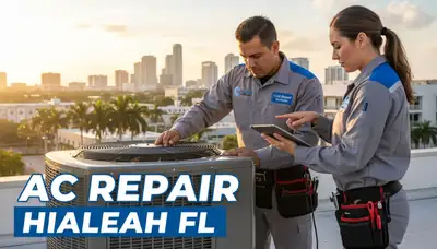 HVAC technician performing AC repair service in North Miami Beach FL home