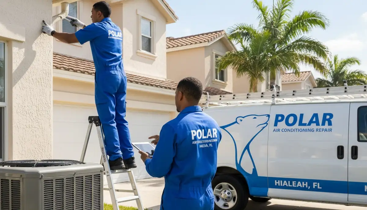 Professional AC repair technician servicing unit in North Miami Beach FL home