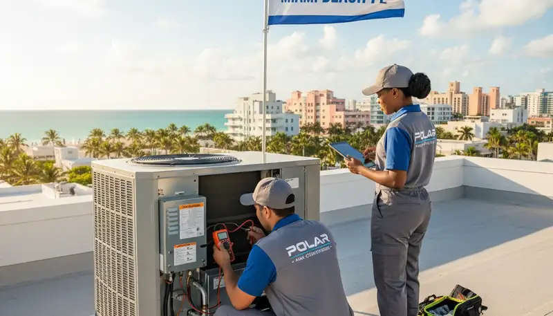 Professional AC repair technician servicing unit in North Miami Beach FL home