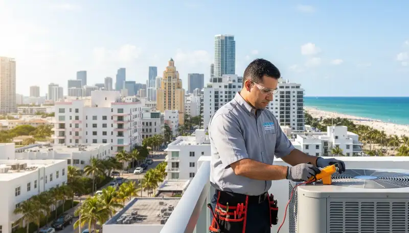 Professional AC repair technician servicing air conditioner in North Miami Beach FL homes