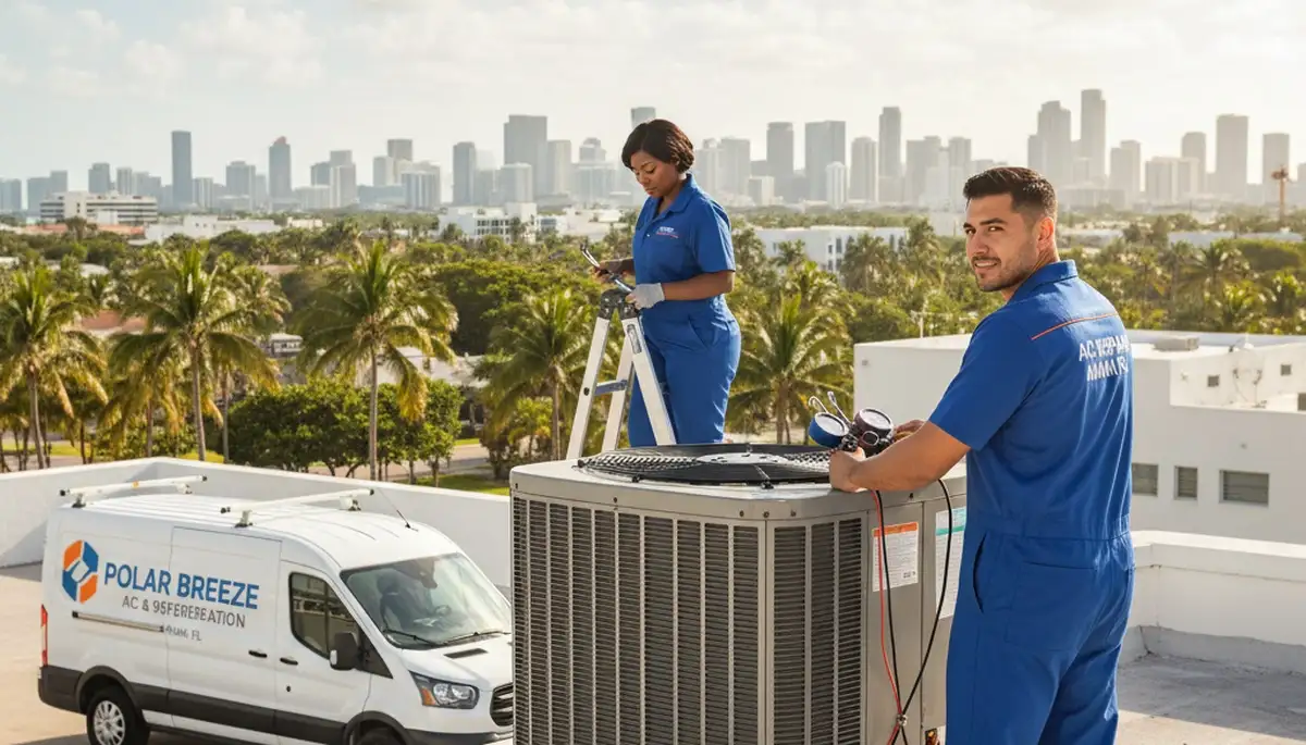 AC repair technician servicing air conditioner in North Miami Beach FL home
