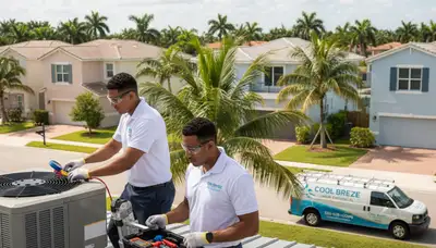 Professional AC repair service technician in North Miami Beach FL fixing home air conditioning unit