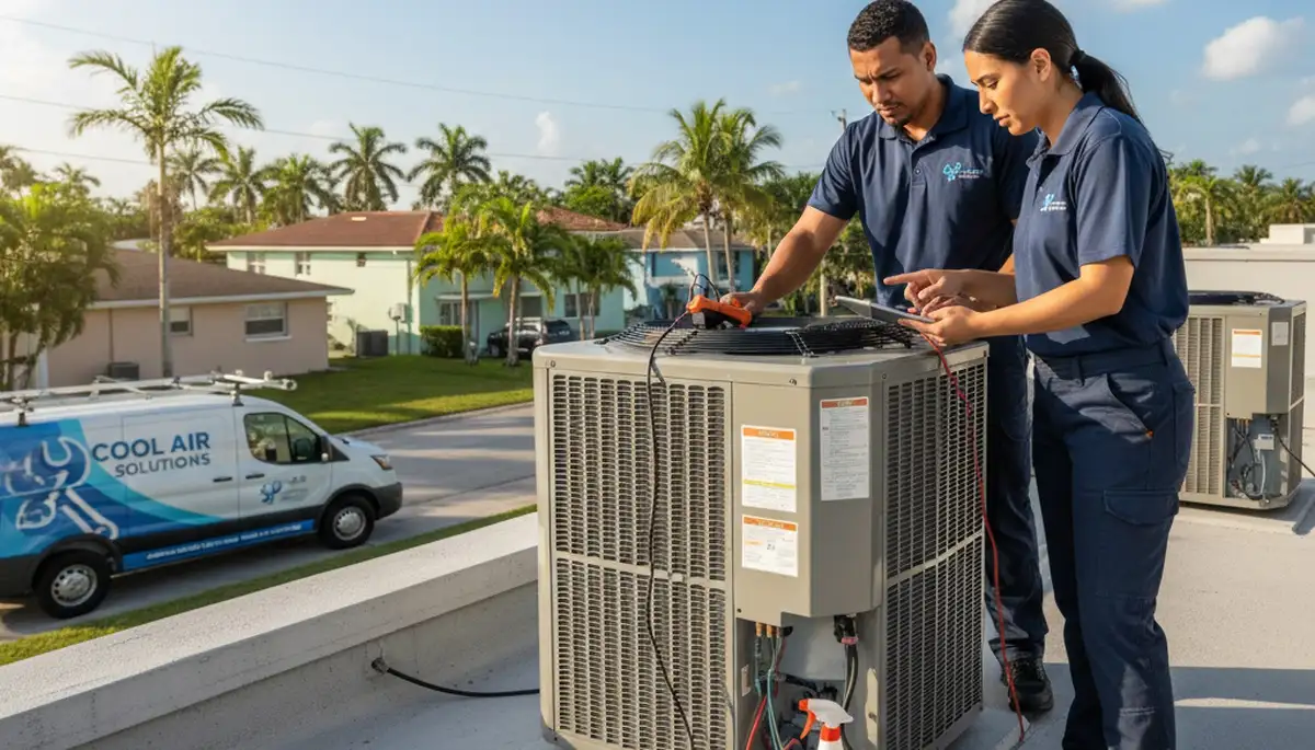Professional AC repair technician servicing air conditioner in North Miami Beach FL home