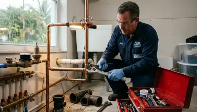 Plumbing technician repairing residential pipes in North Miami Beach FL for Five Star Cooling services