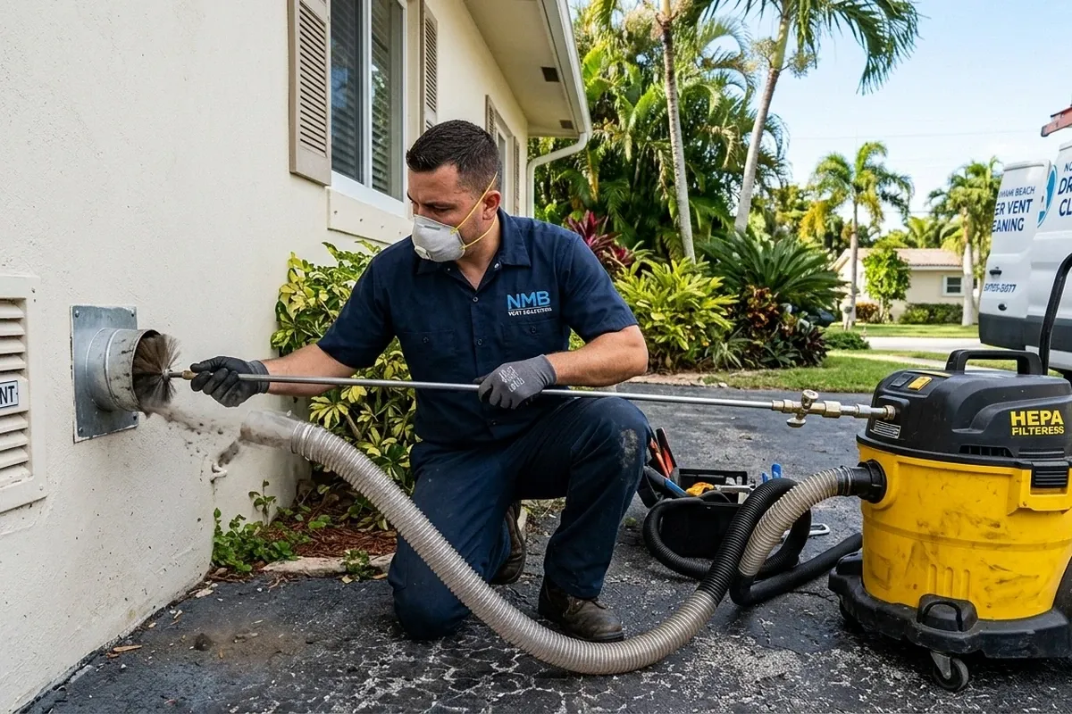 Technician cleaning dryer vent system at North Miami Beach FL home for Five Star Cooling service