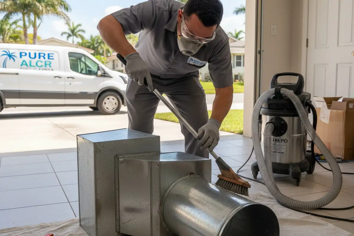 Technician cleaning air ducts in North Miami Beach FL home for improved AC performance and air quality