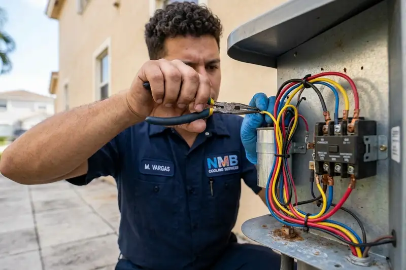 Technician performing precise AC component repair at a North Miami Beach, FL home