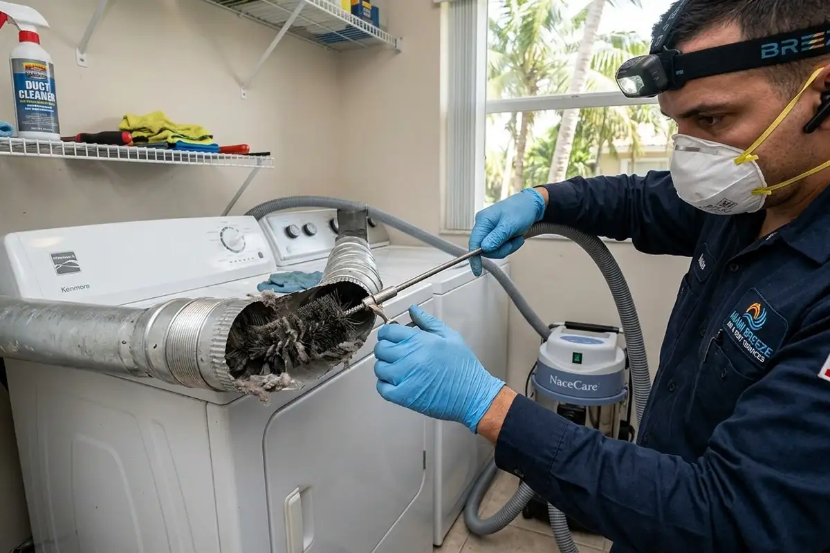 Technician performing detailed dryer vent cleaning at a North Miami Beach, FL home for fire safety