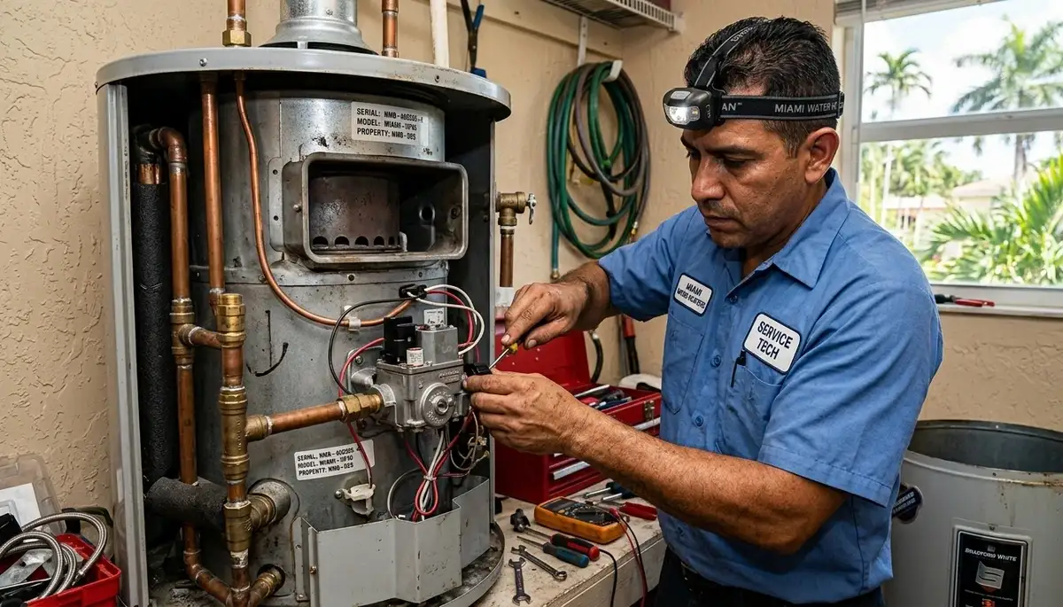 Technician performing detailed water heater repair at North Miami Beach FL home for Five Star Cooling