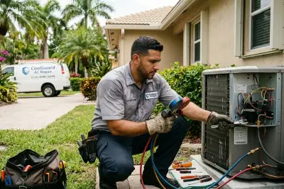 Technician performing professional AC repair at a North Miami Beach FL home for Five Star Cooling