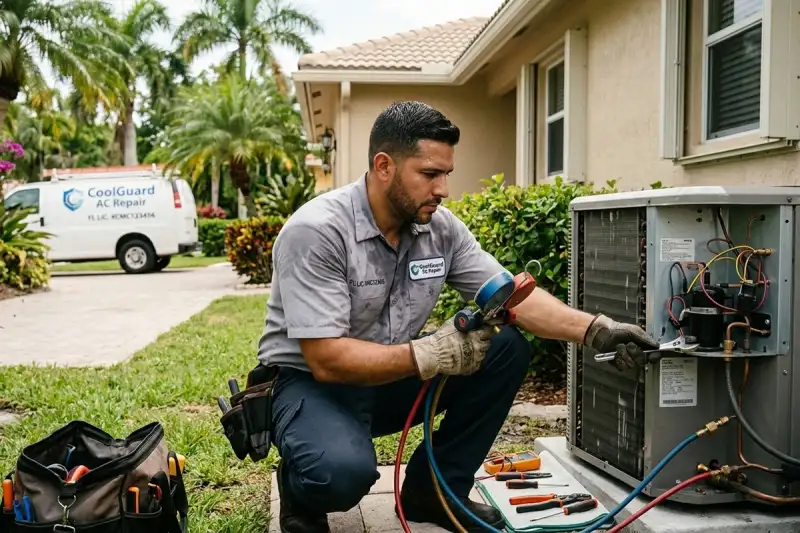 Technician performing professional AC repair at a North Miami Beach FL home for Five Star Cooling