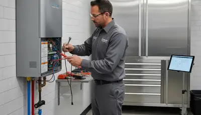 Technician repairing residential water heater in North Miami Beach FL for Five Star Cooling service
