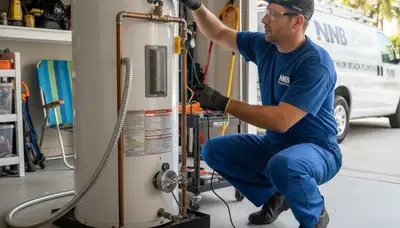 Technician performing water heater repair at North Miami Beach FL home for Five Star Cooling